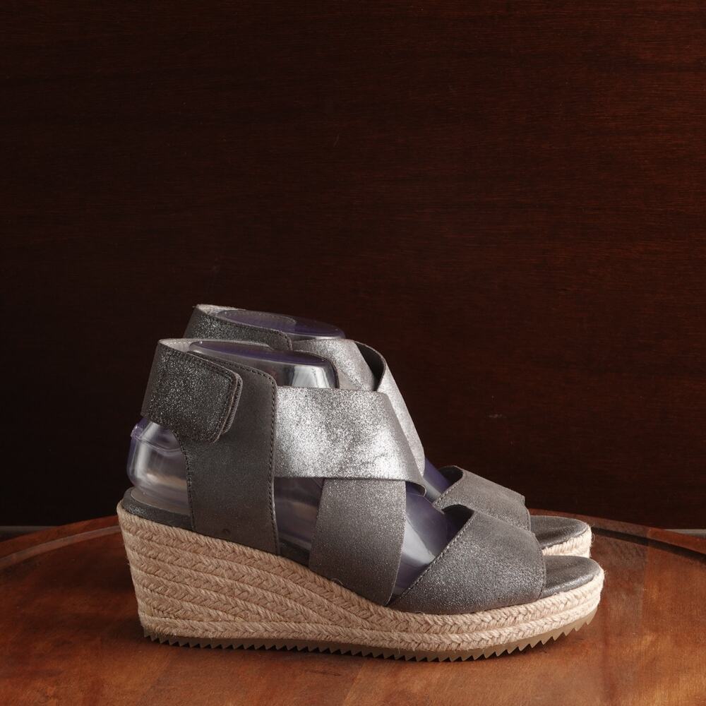 Eileen Fisher Sandals Womens Size 8.5 Silver Willow Wedge Leather Coastal Shoes